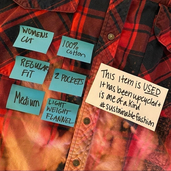 Handmade Upcycled Plaid Ombré Custom Bleached Button Down Shirt Women Medium Red - Picture 8 of 12